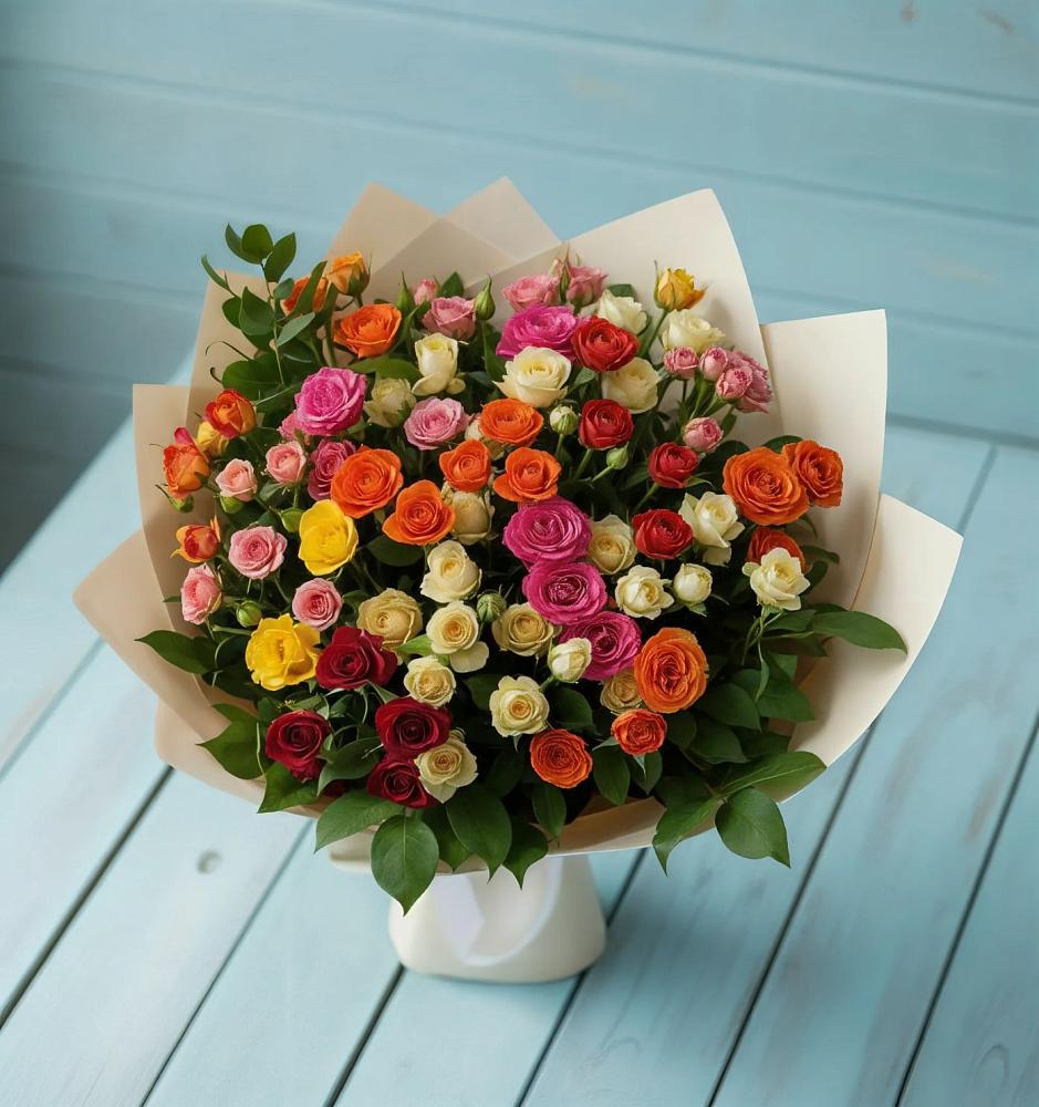 Букет Микс из разноцветных кустовых роз в Марьино