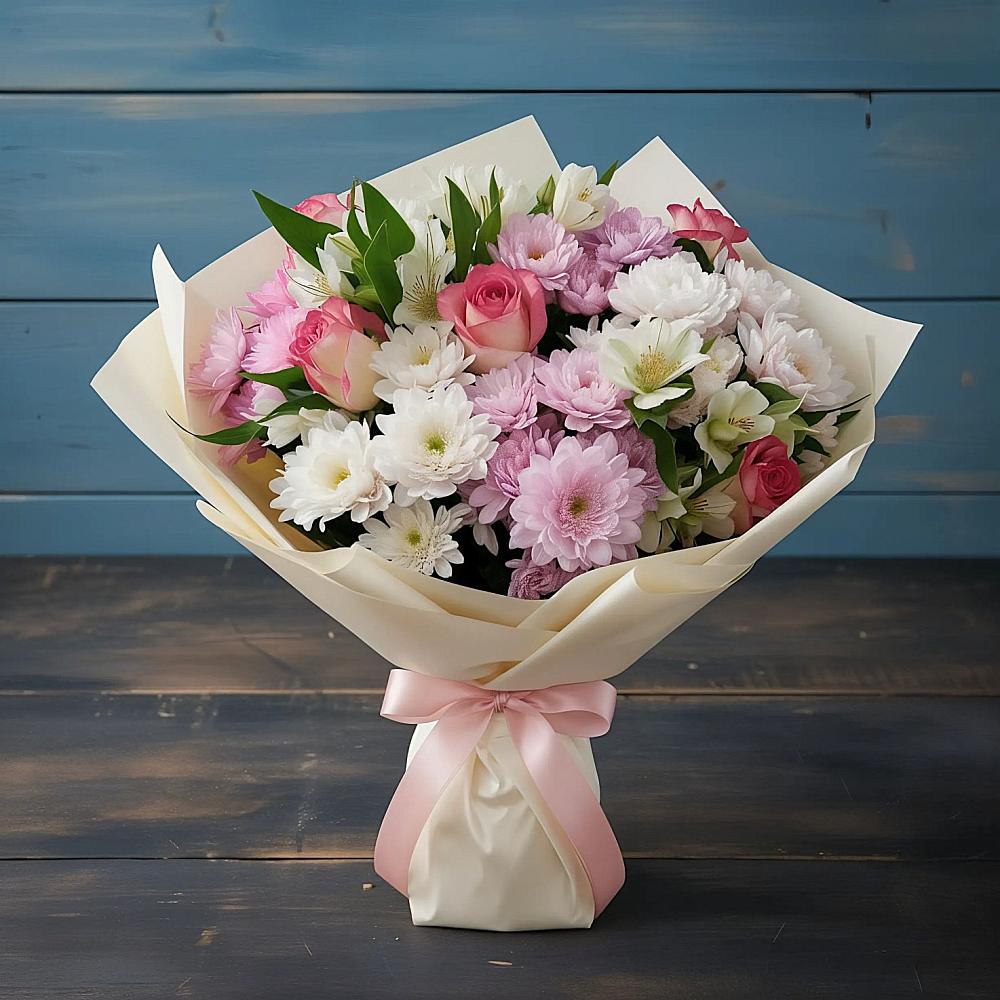 Букет цветов из: Хризантемы, Альстромерии и Розы в Марьино